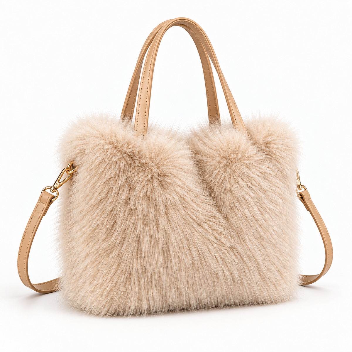 Faux-Fur Mini Tote — Creme — front45 view
