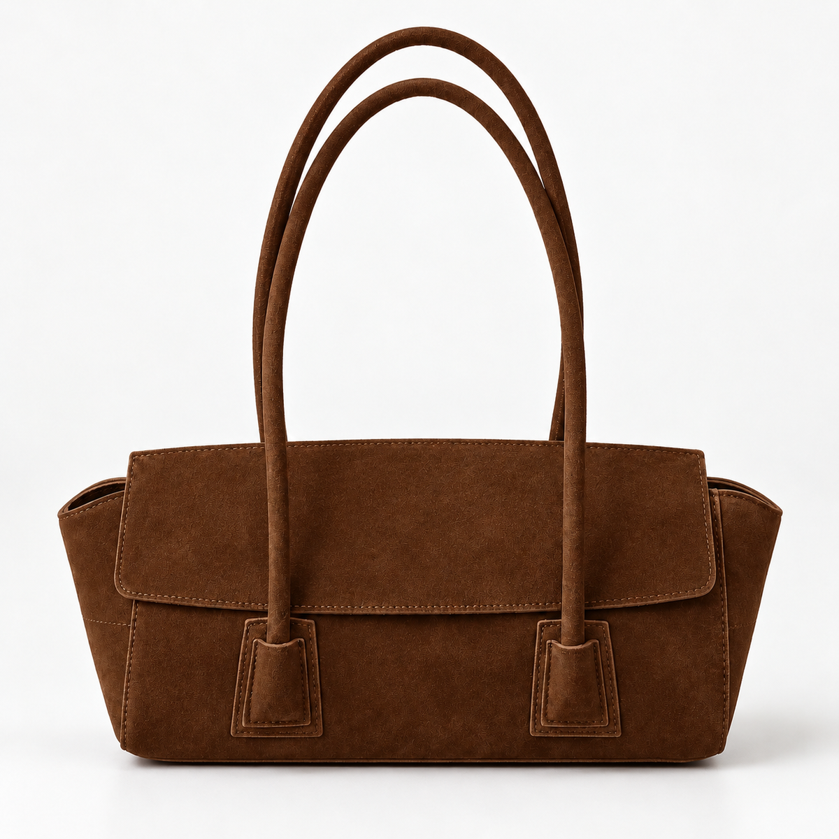 Suede-Effect Flap Shoulder Bag — Brown — front view