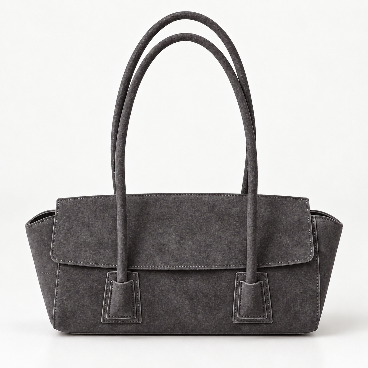 Suede-Effect Flap Shoulder Bag — Grey — front view