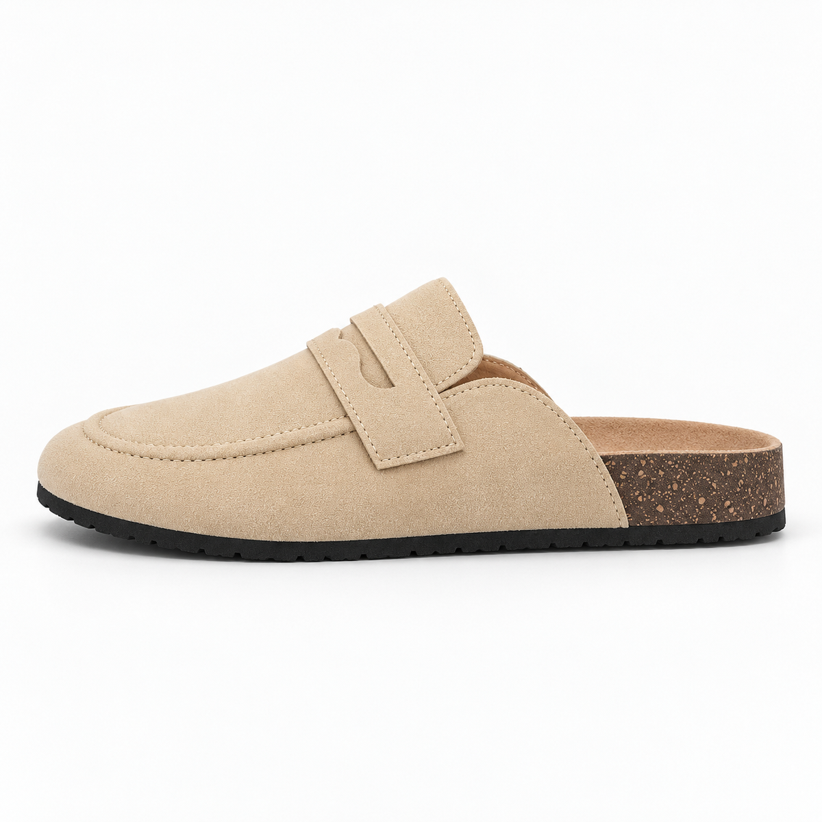 Suede-Effect Loafer Mules — Beige — front view