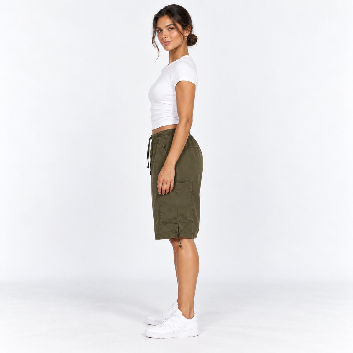 Drawstring Cargo Bermuda Shorts — Army Green — side view