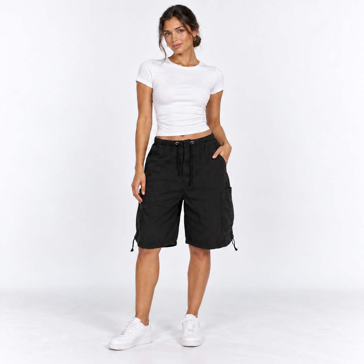 Drawstring Cargo Bermuda Shorts — Black — front view