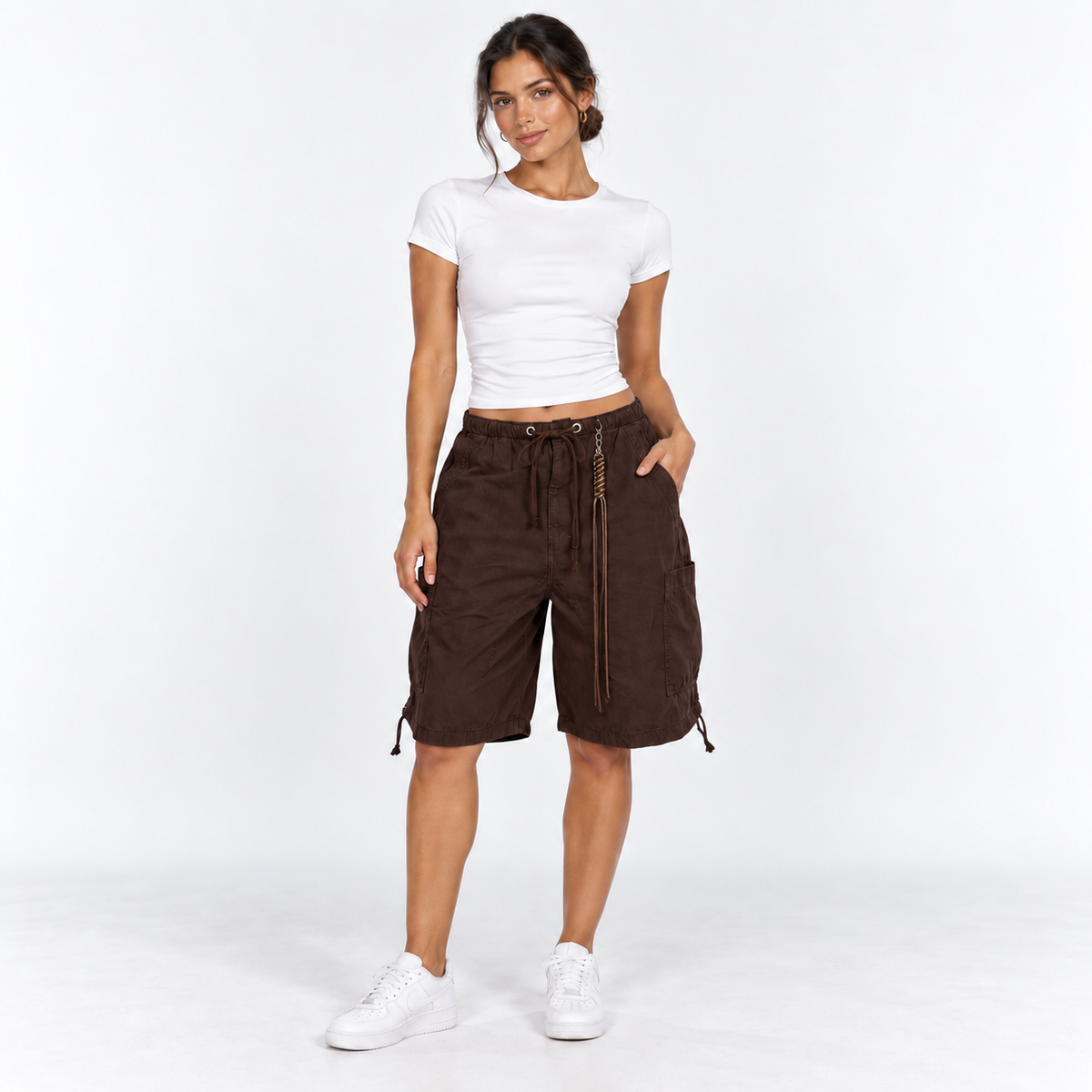 Drawstring Cargo Bermuda Shorts — Coffee — front view