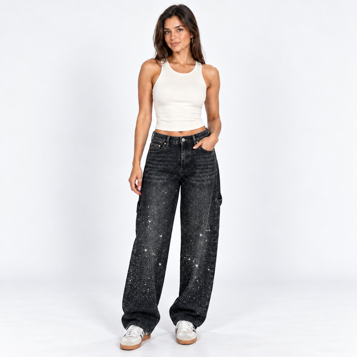 Sparkle Cargo Jeans — Dark Wash — front view