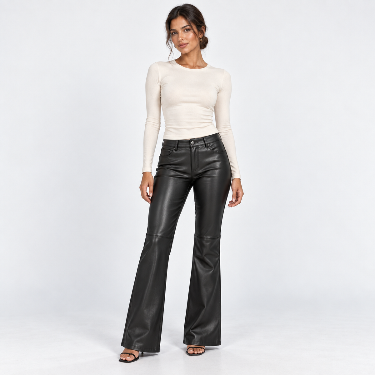 Faux-Leather Flared Trousers — Black — front view