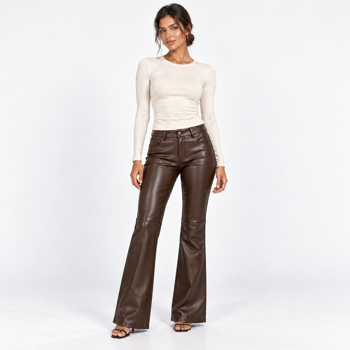 Faux-Leather Flared Trousers — Brown — front view