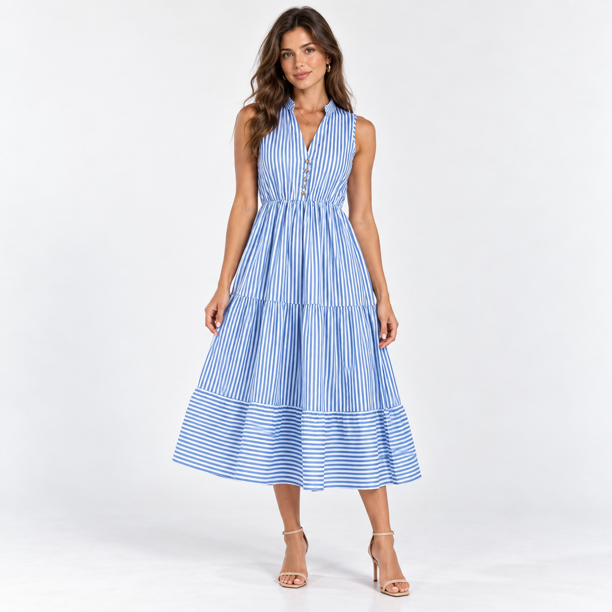 Striped Sleeveless Shirt Dress — Blue — front view