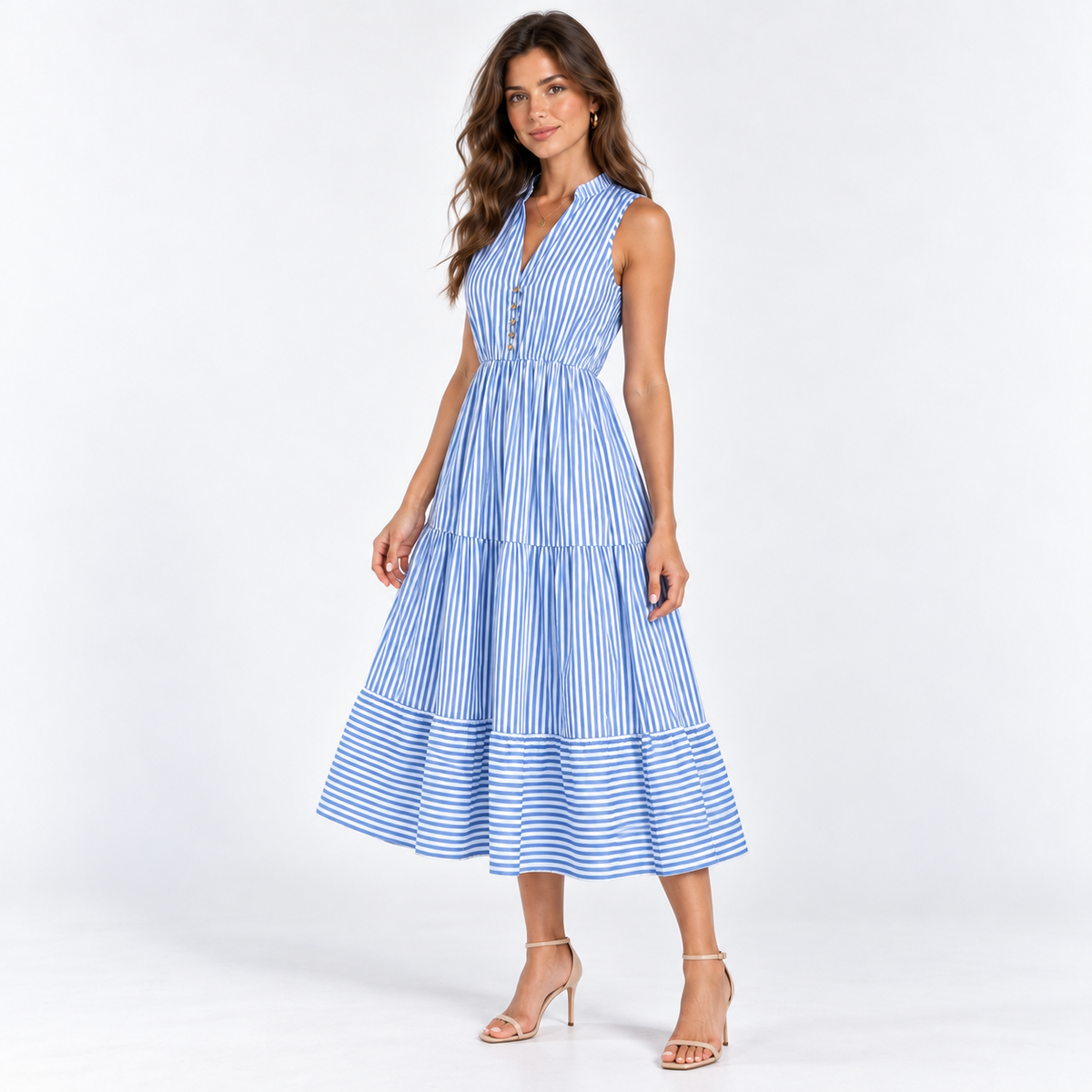Striped Sleeveless Shirt Dress — Blue — front45 view