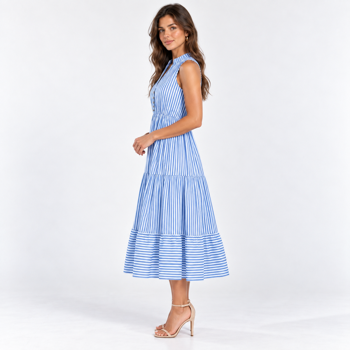 Striped Sleeveless Shirt Dress — Blue — side view