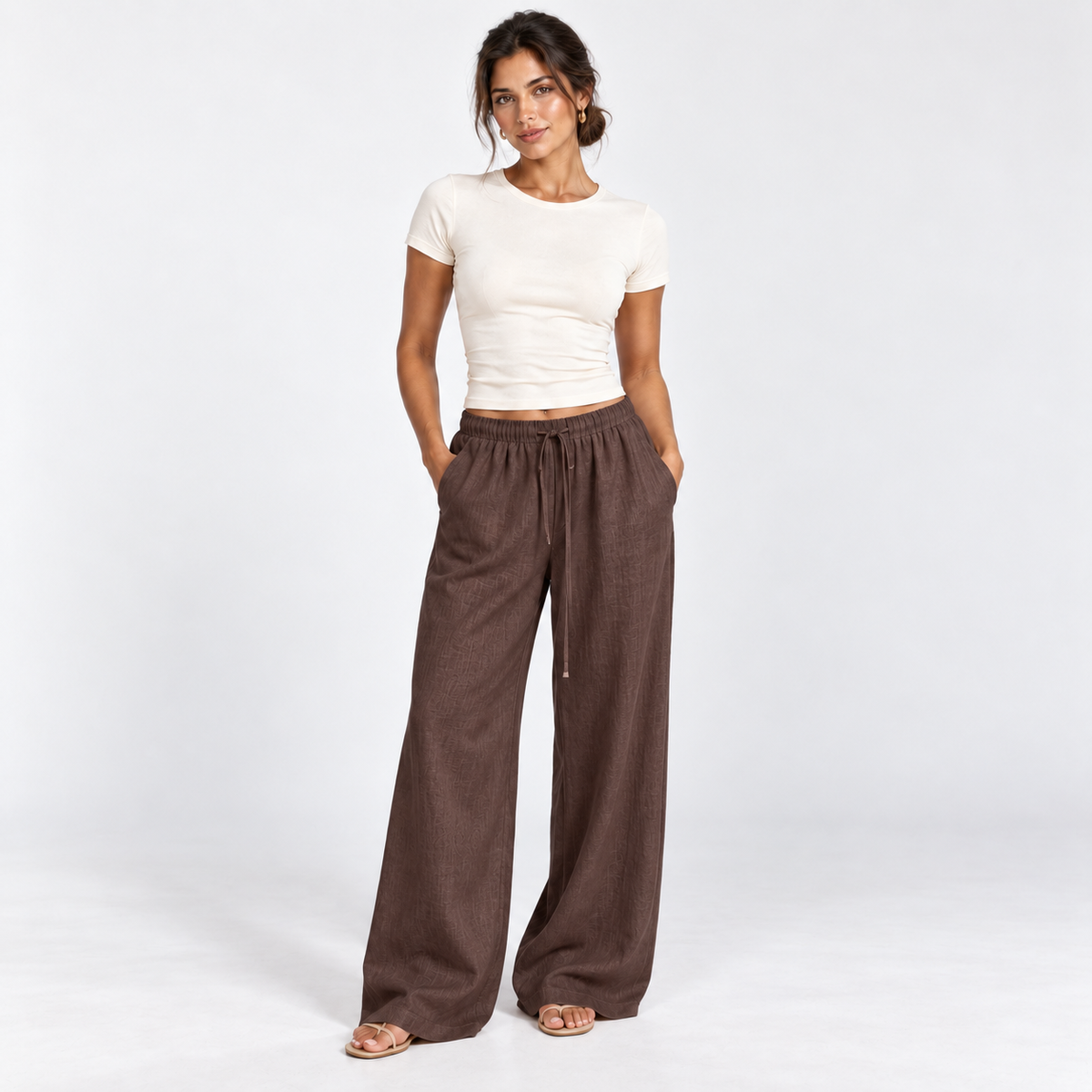 Wide-Leg Linen-Blend Trousers — Brown — front view