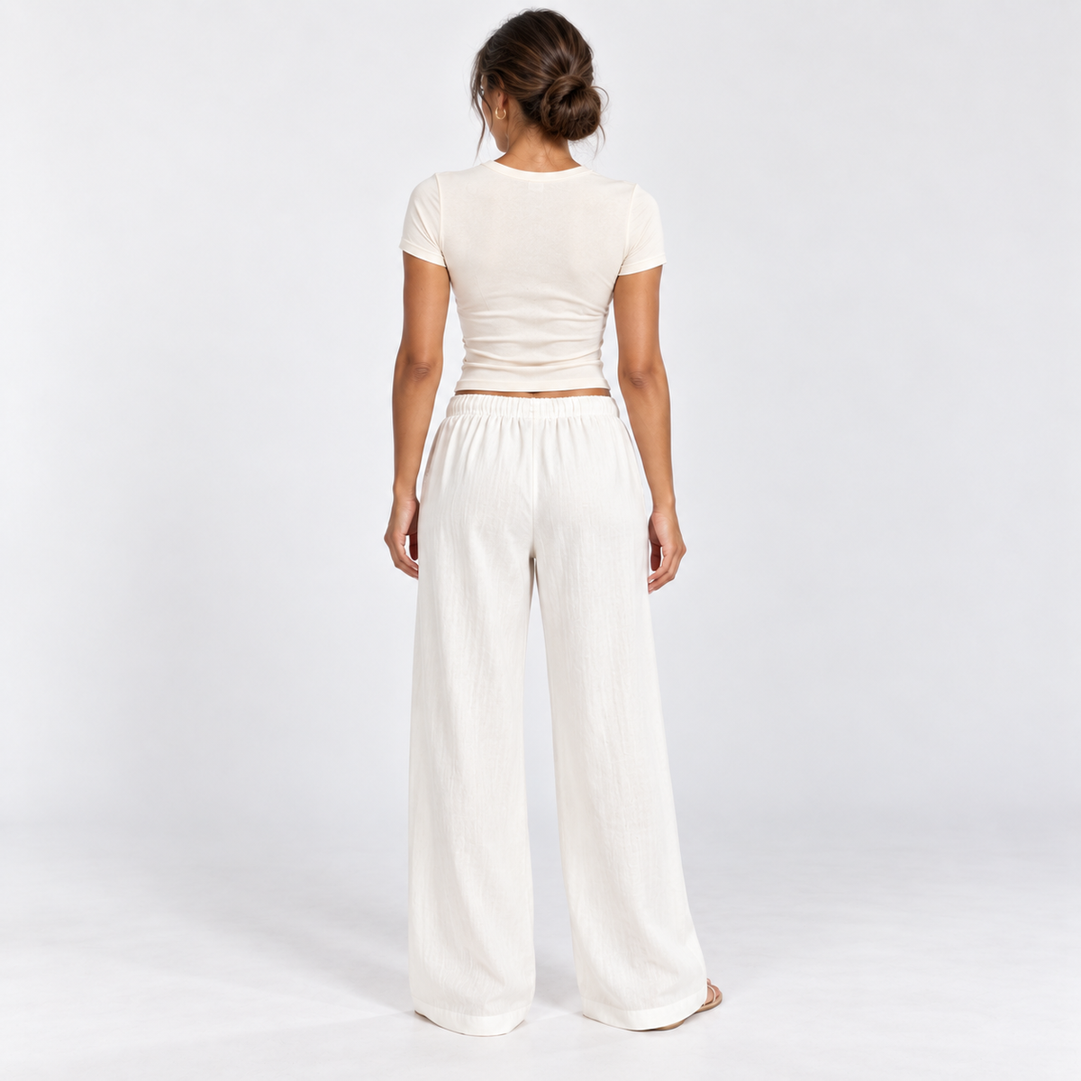 Wide-Leg Linen-Blend Trousers — White — back view