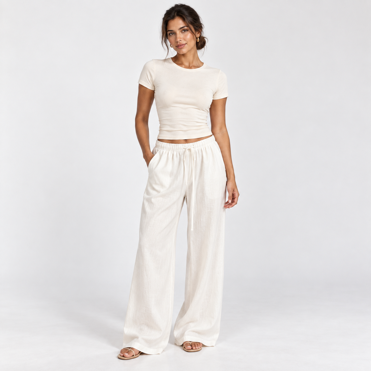 Wide-Leg Linen-Blend Trousers — White — front view