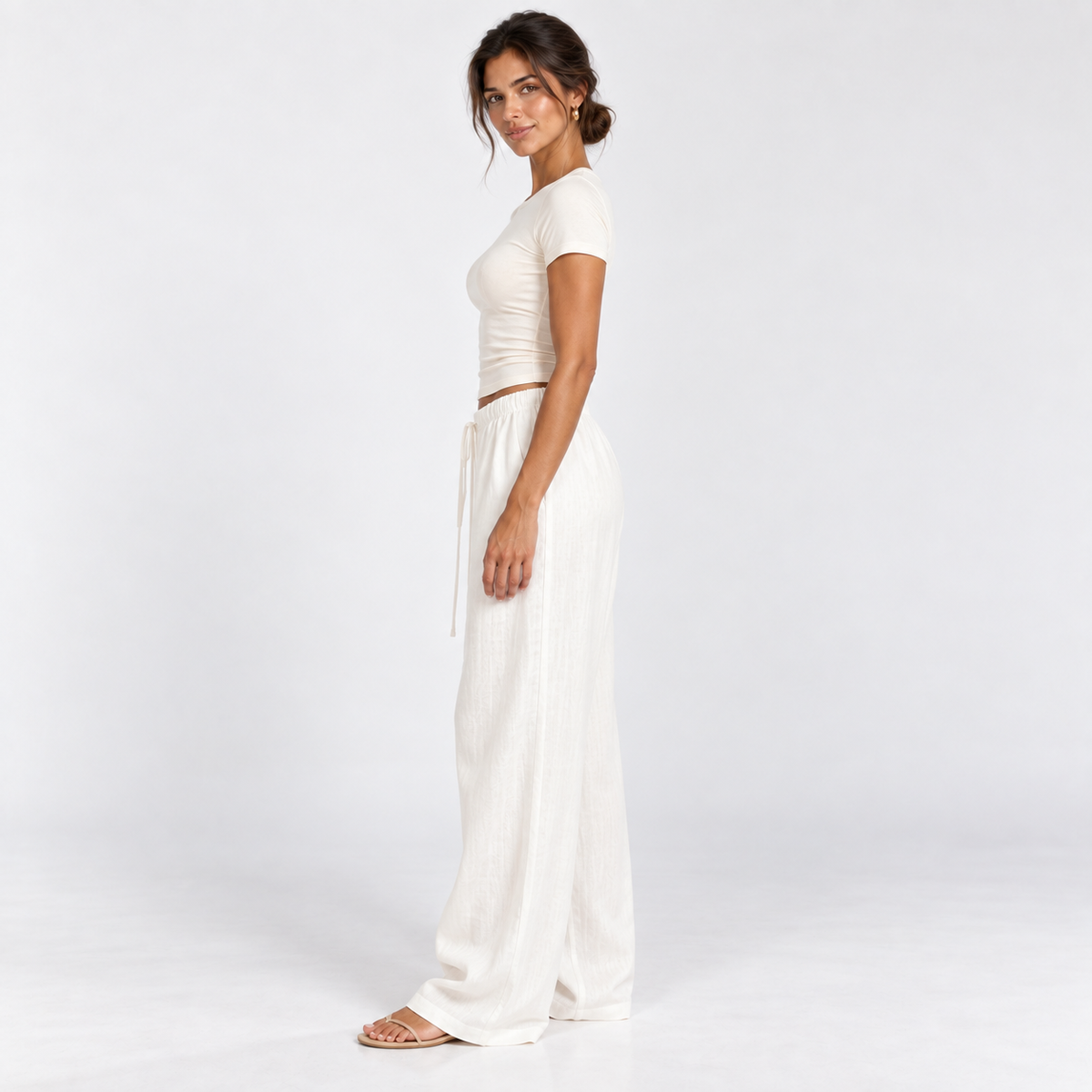 Wide-Leg Linen-Blend Trousers — White — side view