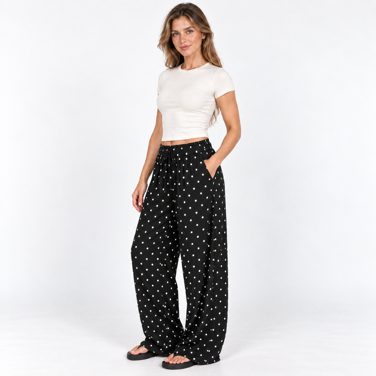 Polka Dot Wide-Leg Trousers — Black — front45 view