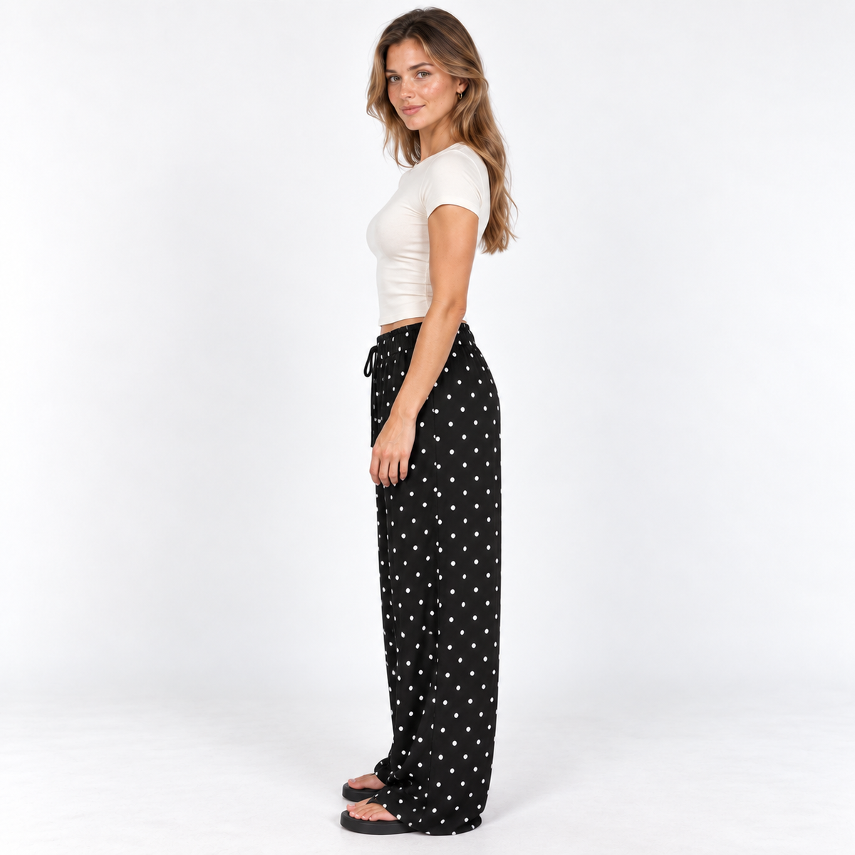Polka Dot Wide-Leg Trousers — Black — side view
