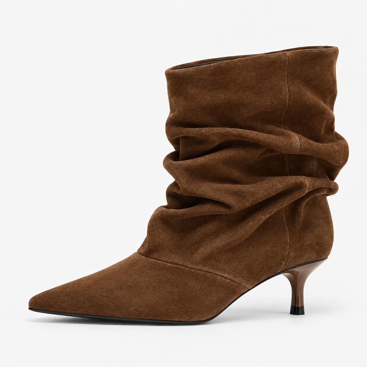 Ruched Faux-Suede Ankle Boots — Brown — front view