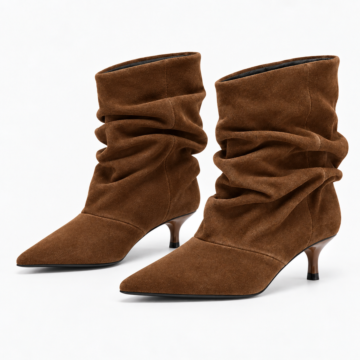 Ruched Faux-Suede Ankle Boots — Brown — pair view