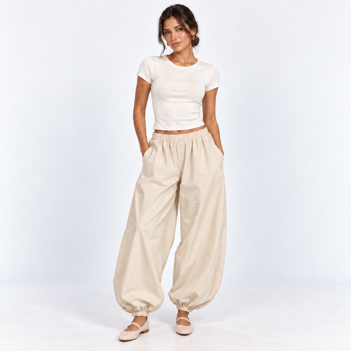 Cotton Balloon Trousers — Beige — front view