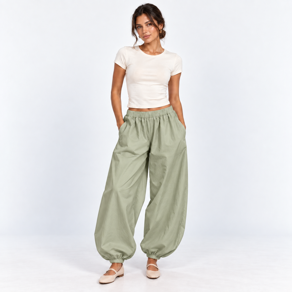 Cotton Balloon Trousers — Green — front view