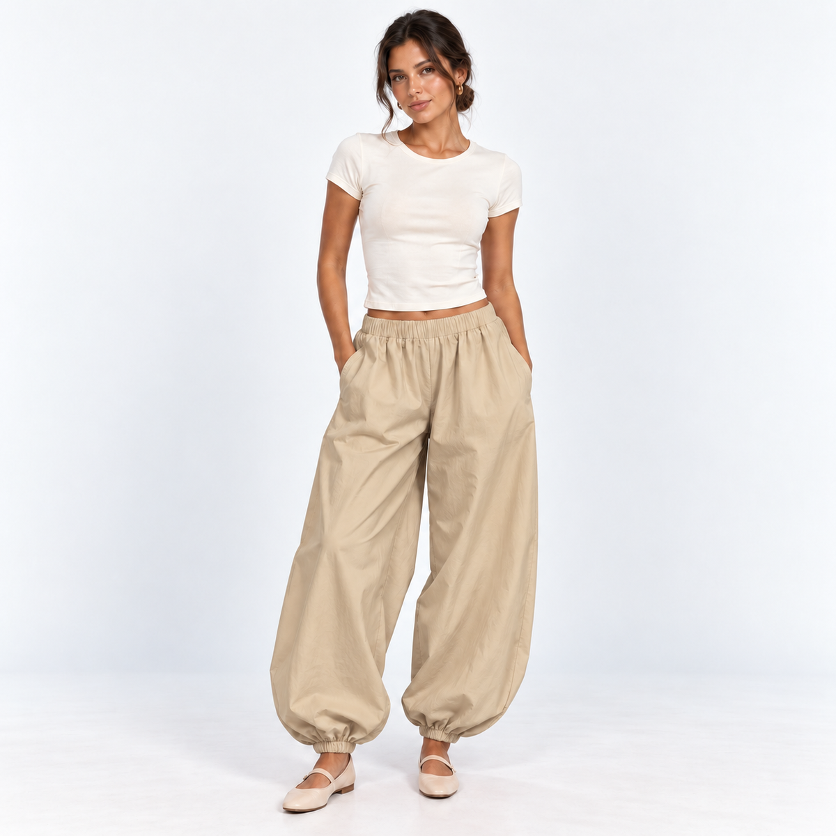 Cotton Balloon Trousers — Khaki — front view