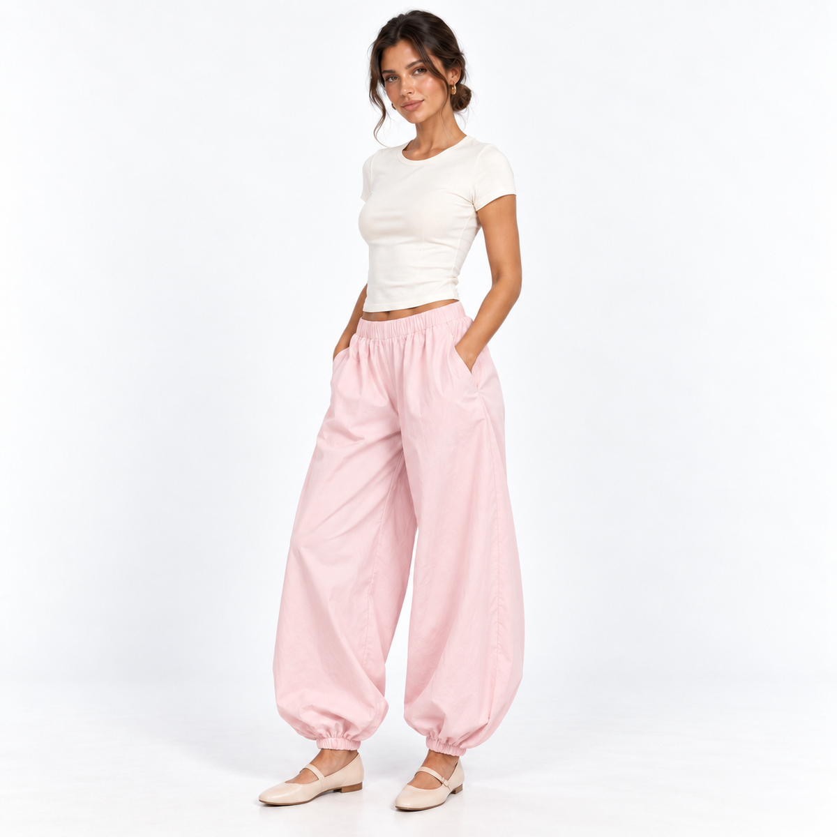 Cotton Balloon Trousers — Pink — front45 view