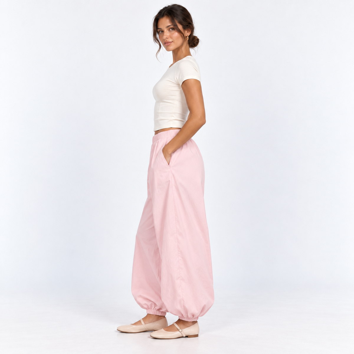 Cotton Balloon Trousers — Pink — side view
