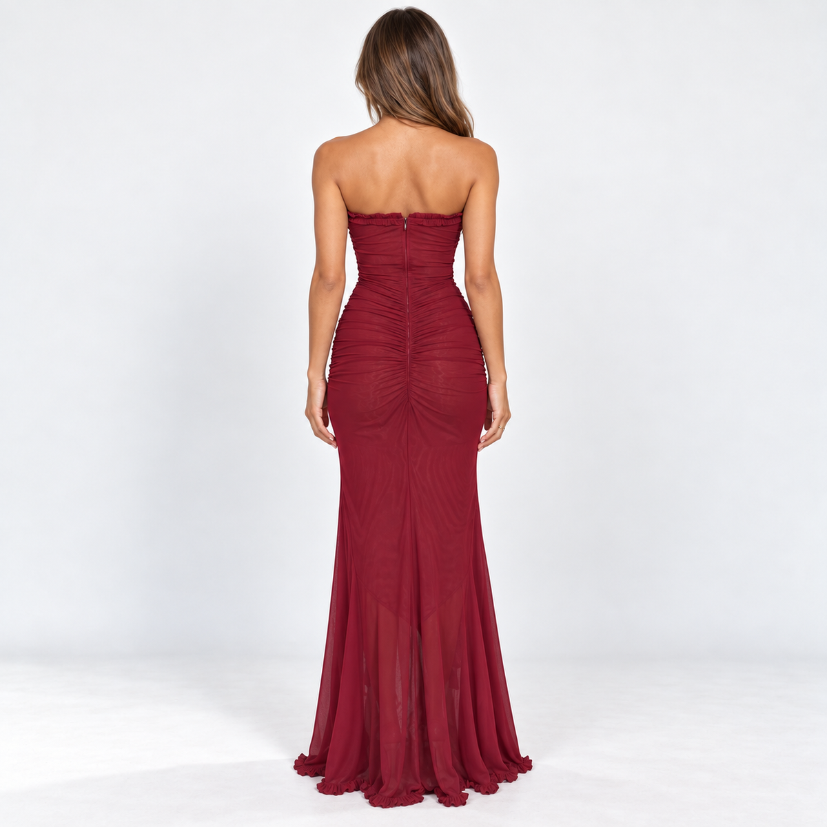 Women's Strapless Ruched Frill Maxi Dress — Burgundy — back view