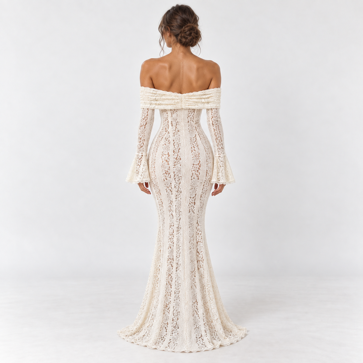 Women's Off-Shoulder Lace Maxi Dress — White — back view