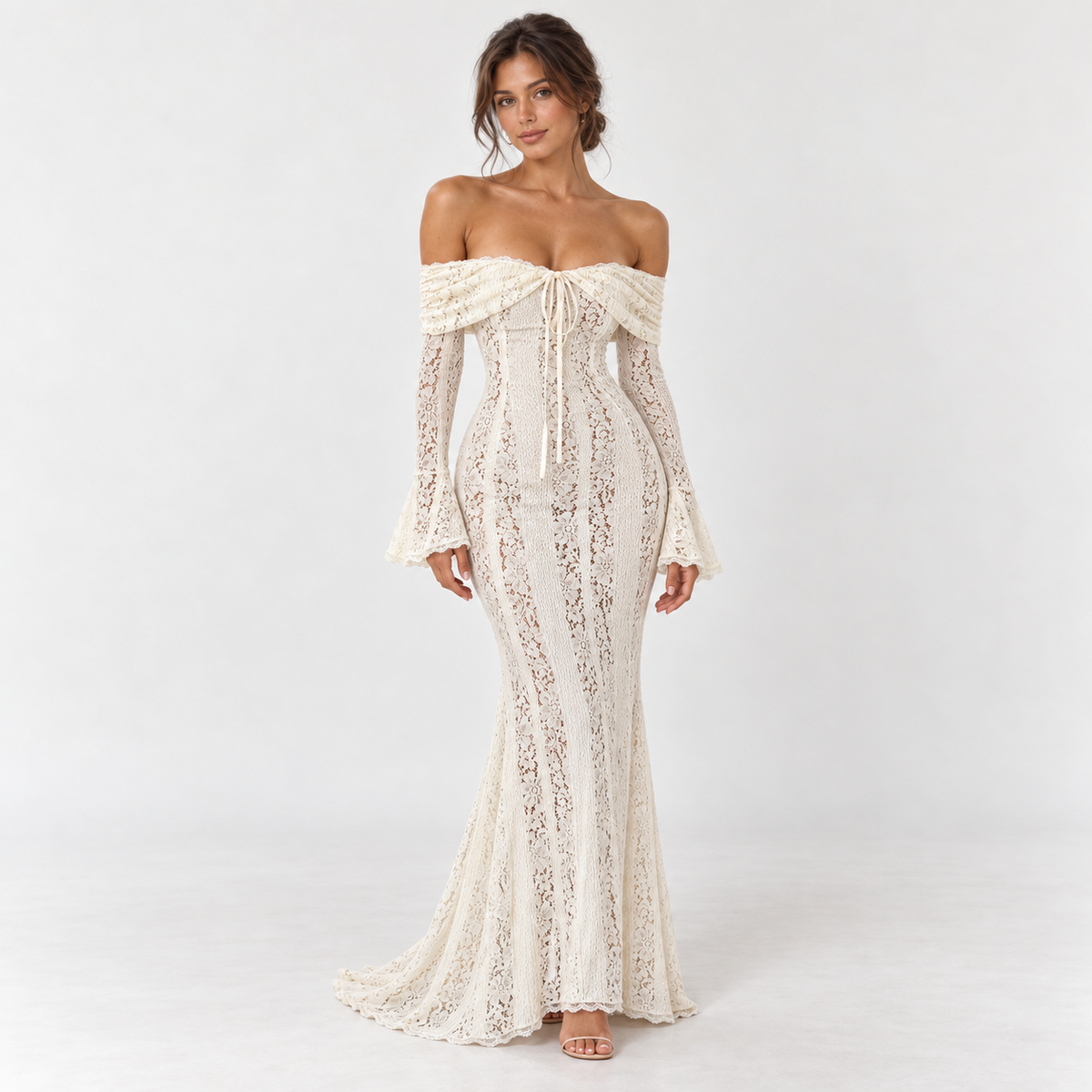 Women's Off-Shoulder Lace Maxi Dress — White — front view