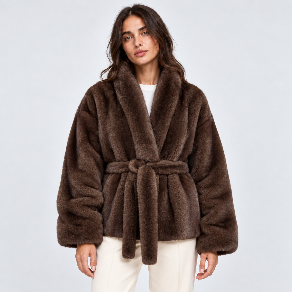 Women's Brown Belted Faux-Fur Jacket – front view