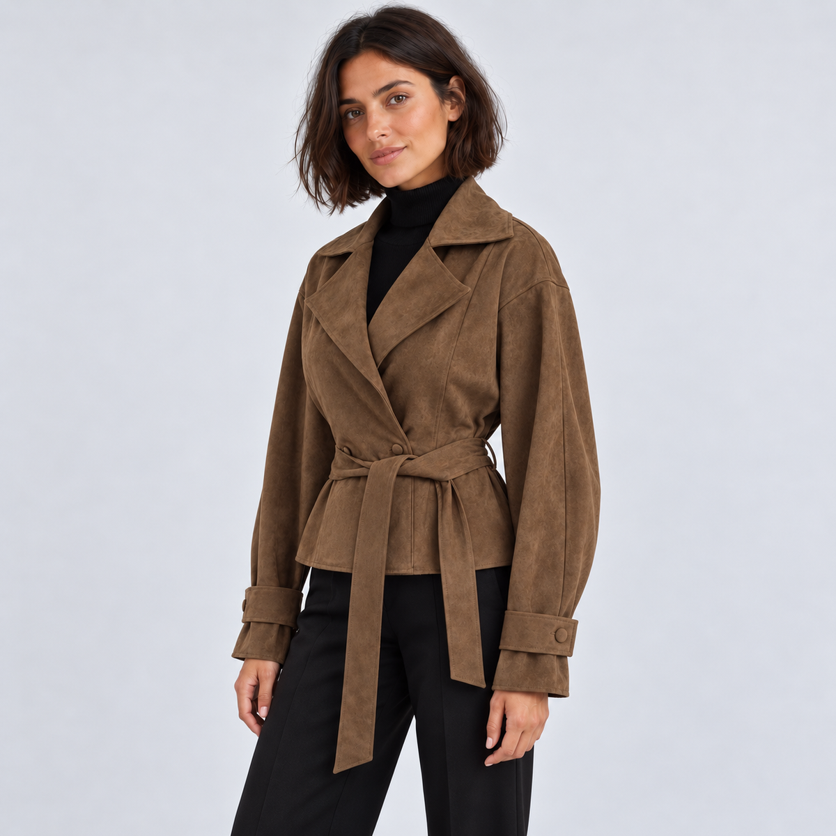 Women's Brown Faux-Suede Wrap Jacket – angled view