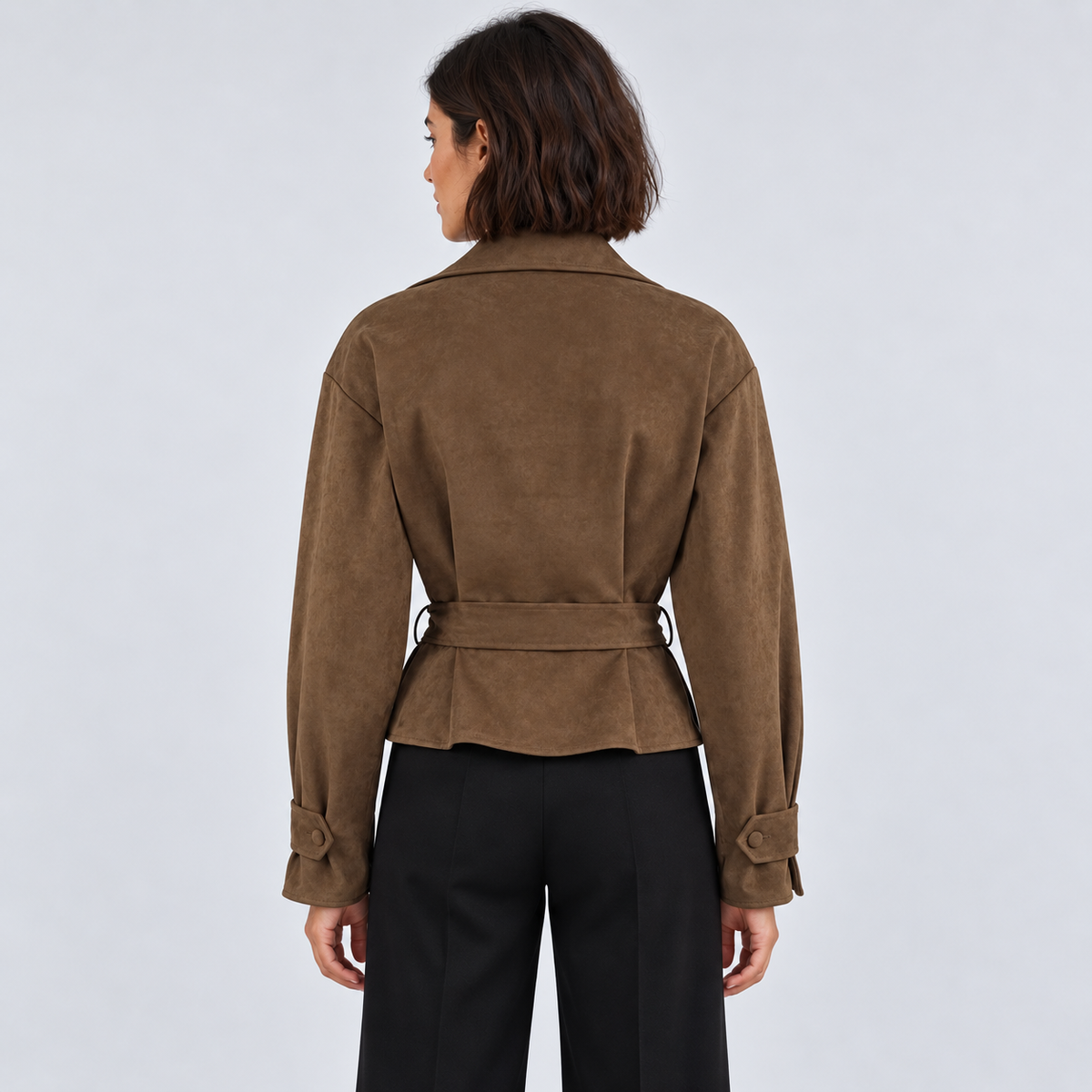 Women's Brown Faux-Suede Wrap Jacket – back view