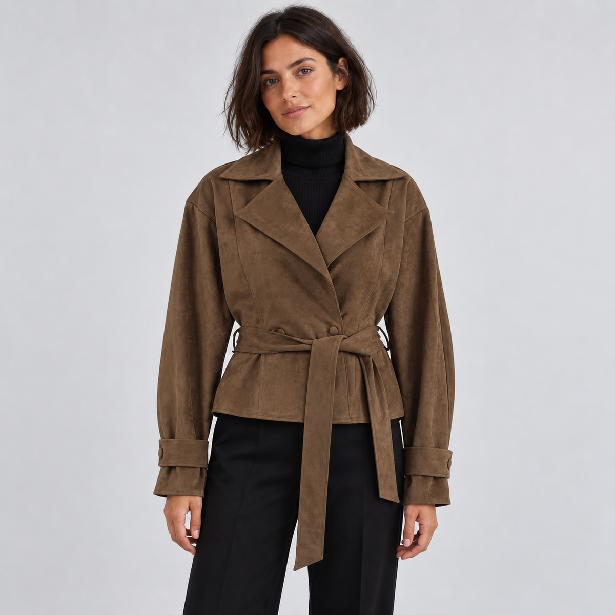 Women's Brown Faux-Suede Wrap Jacket – front view