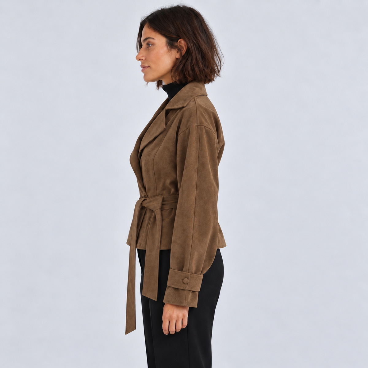 Women's Brown Faux-Suede Wrap Jacket – side view