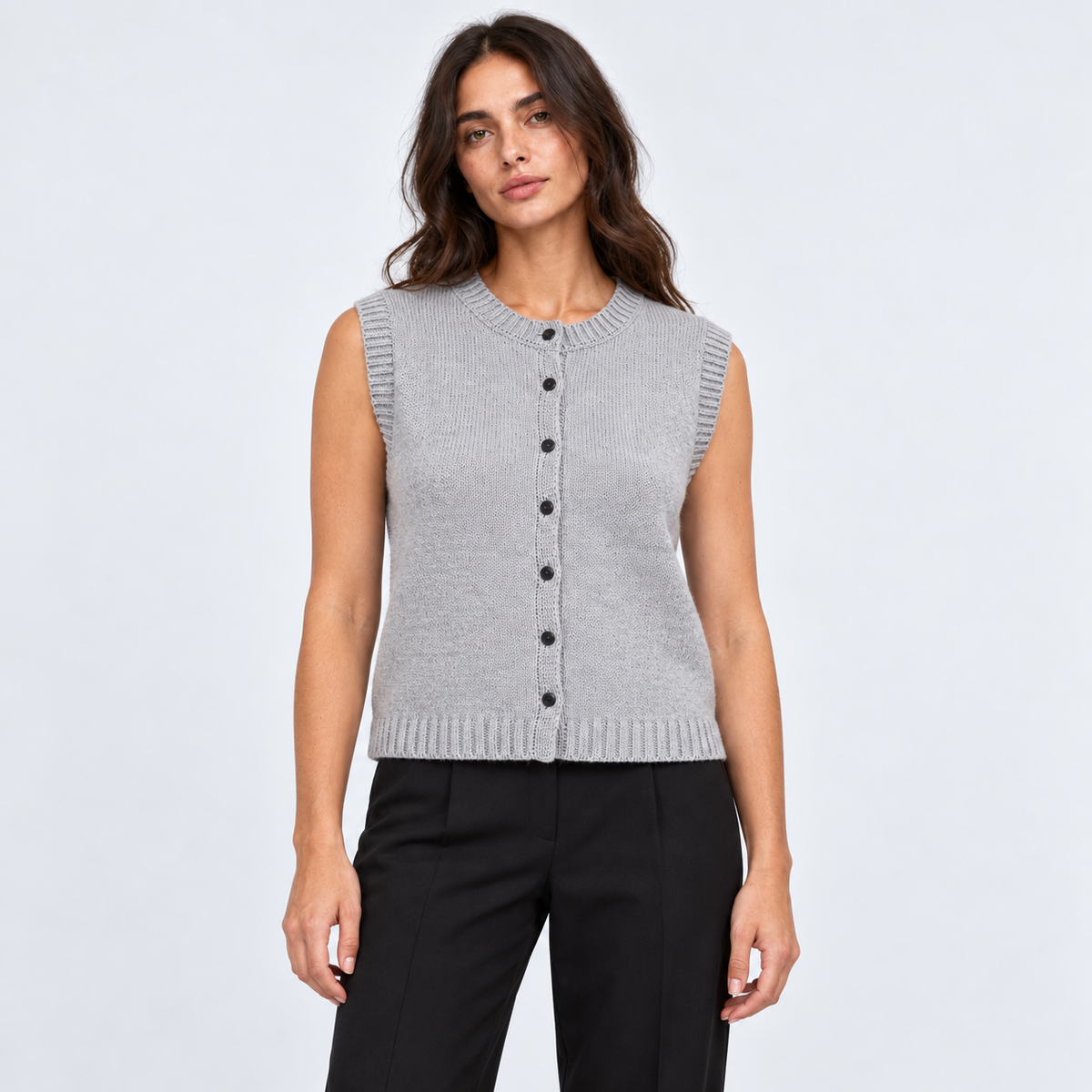 Women's Button-Front Knit Vest in grey – front view