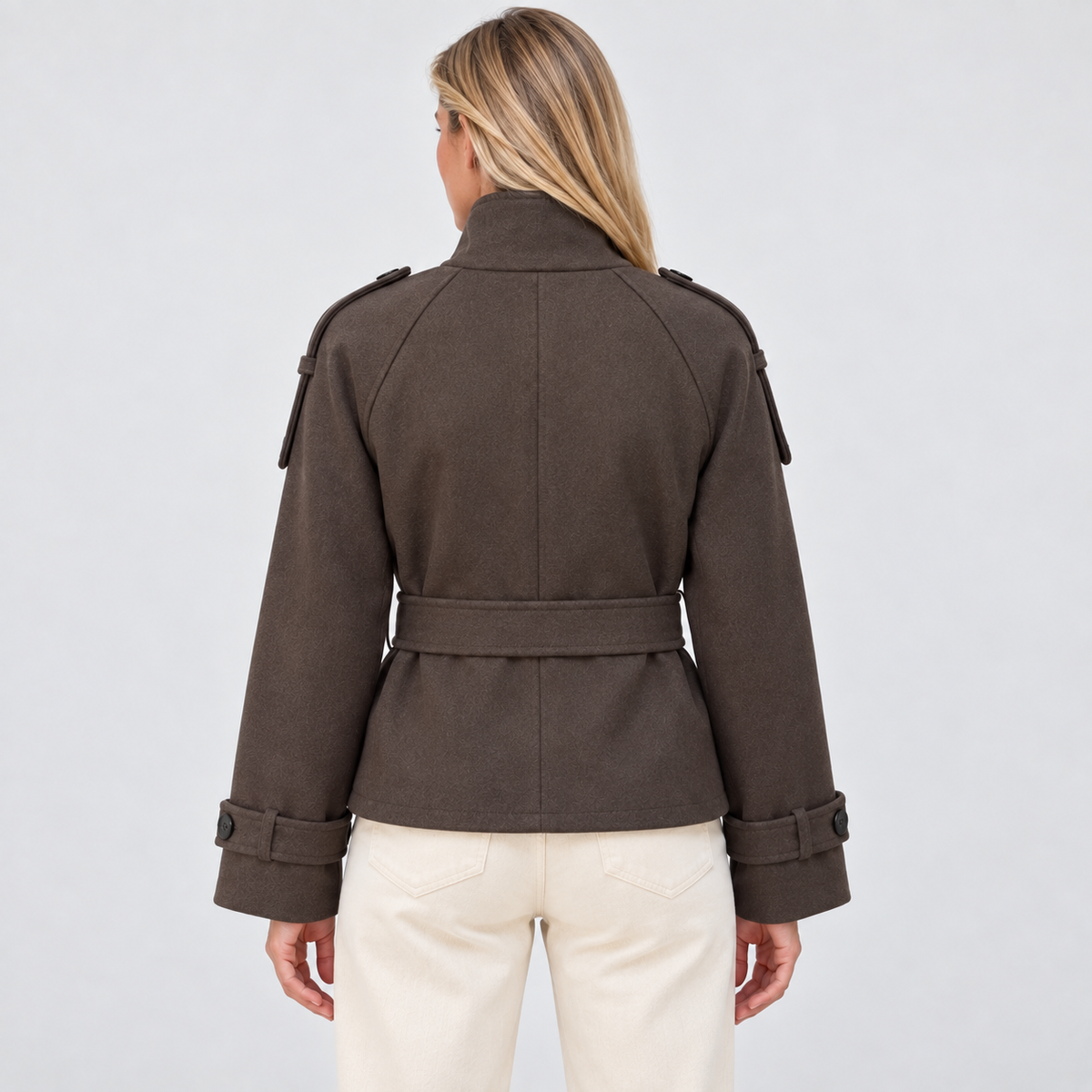 Women's Coffee Belted Cropped Jacket – back view