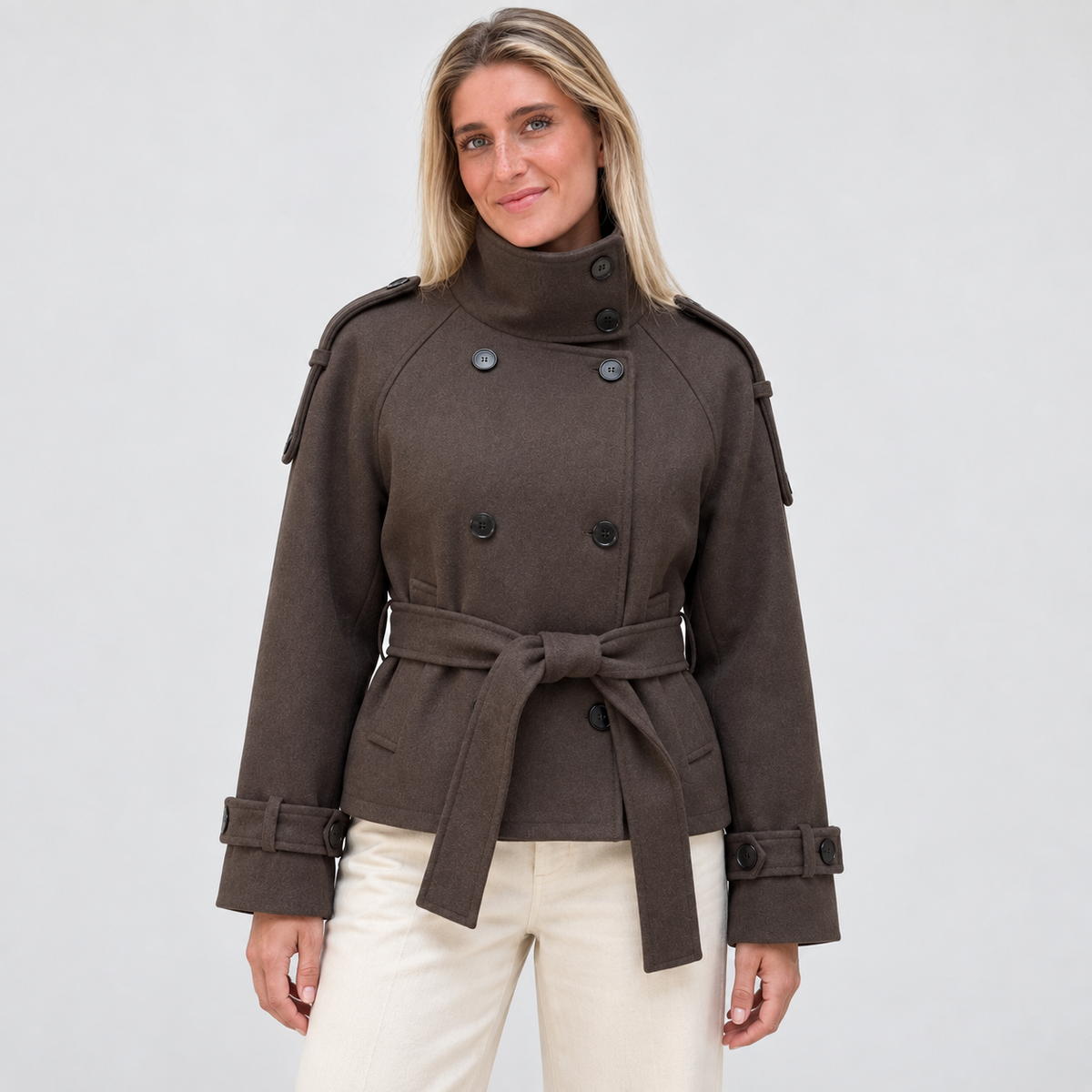 Women's Coffee Belted Cropped Jacket – front view