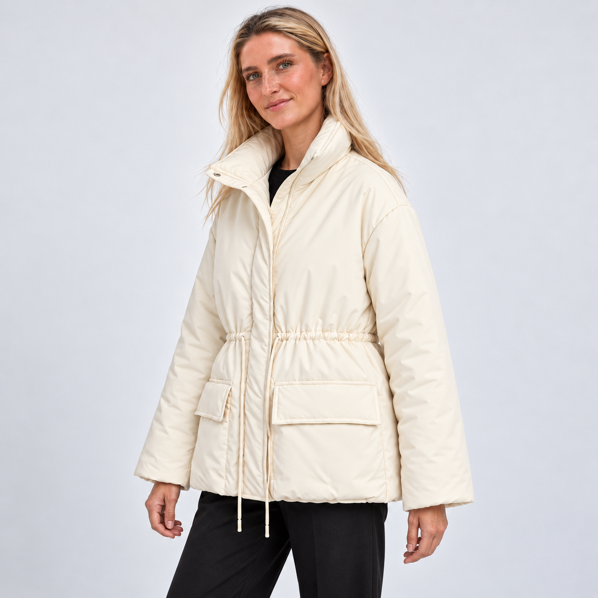 Women's Cream Drawstring Puffer Coat – angled view