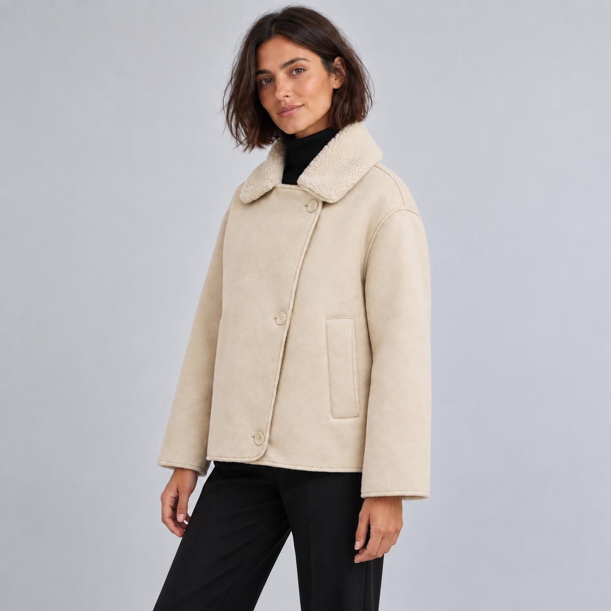 Women's Cream Sherpa-Lined Jacket – angled view