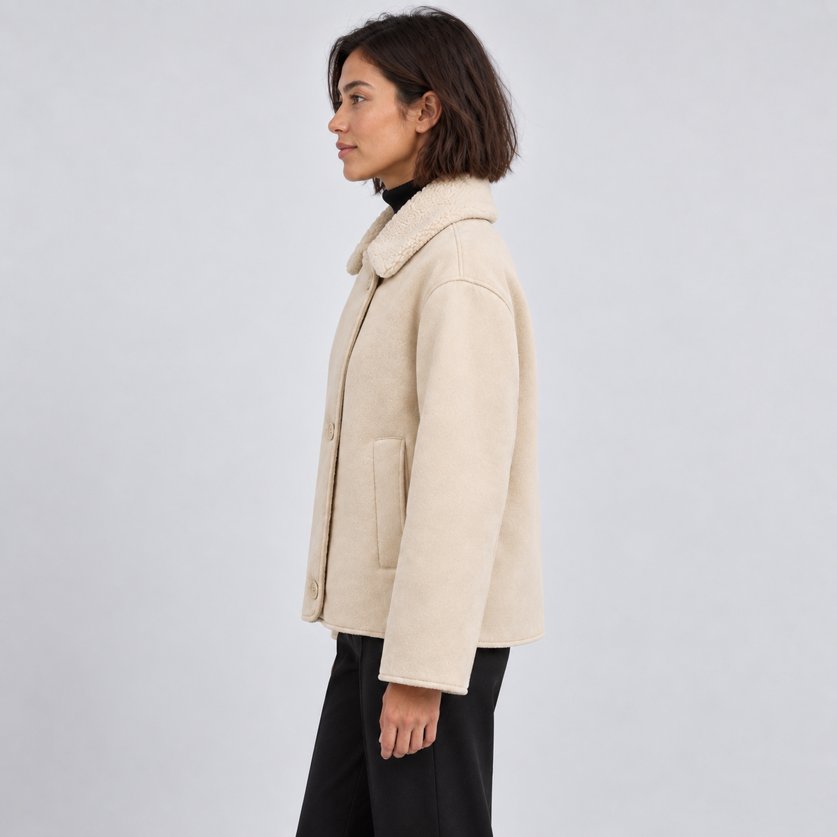 Women's Cream Sherpa-Lined Jacket – side view