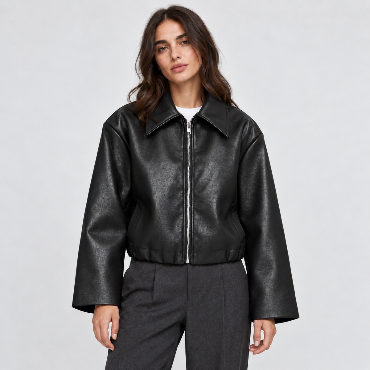 Women's Cropped Faux-Leather Zip Jacket in black – front view
