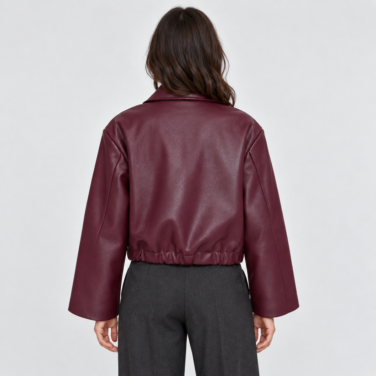 Women's Cropped Faux-Leather Zip Jacket in burgundy – back view