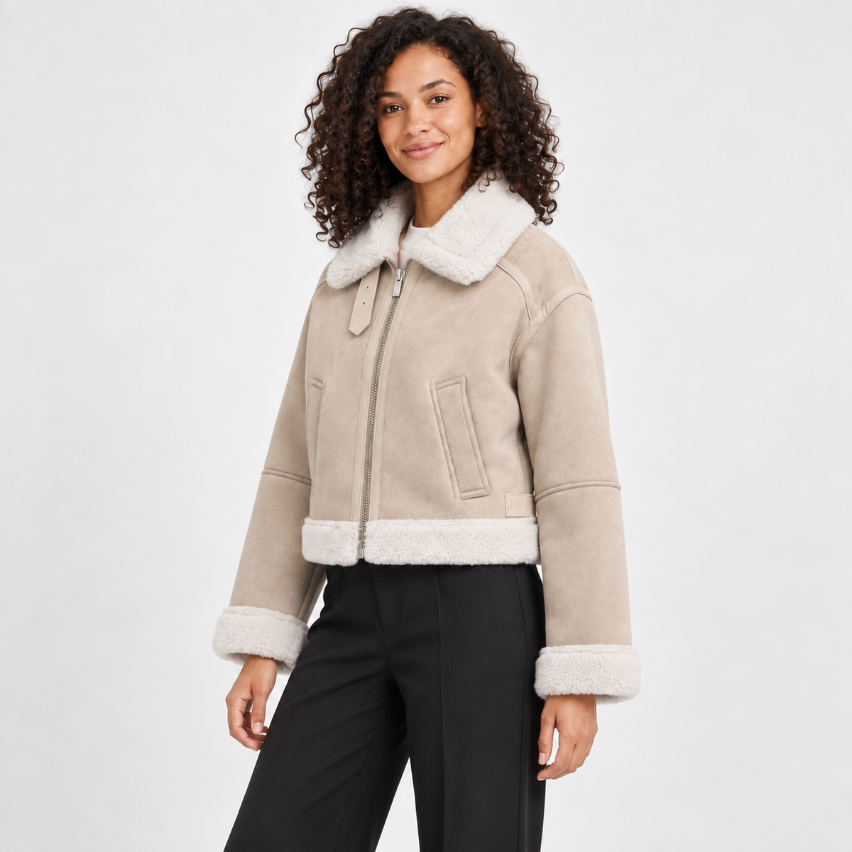 Women's Cropped Faux-Suede Sherpa Jacket – angled view
