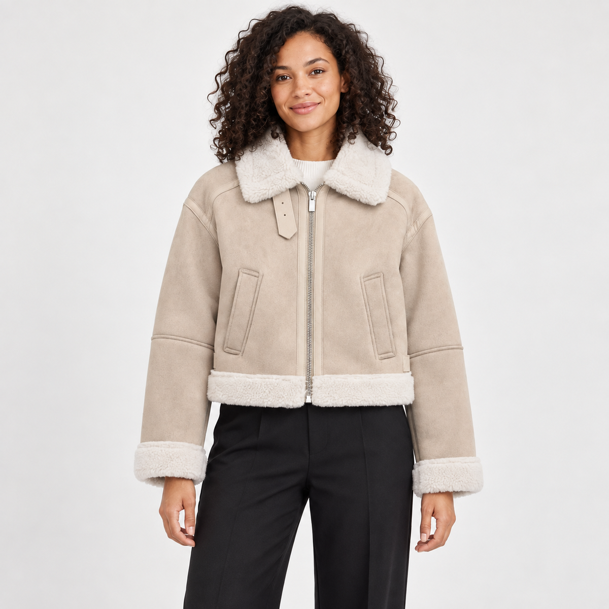 Women's Cropped Faux-Suede Sherpa Jacket – front view
