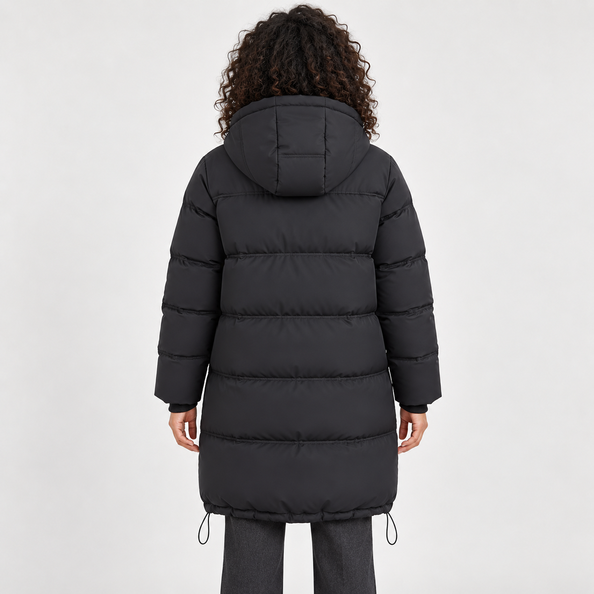 Women's Hooded Longline Puffer Coat in black – back view