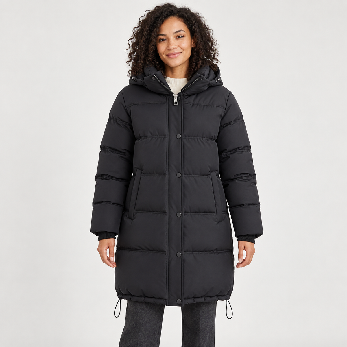 Women's Hooded Longline Puffer Coat in black – front view