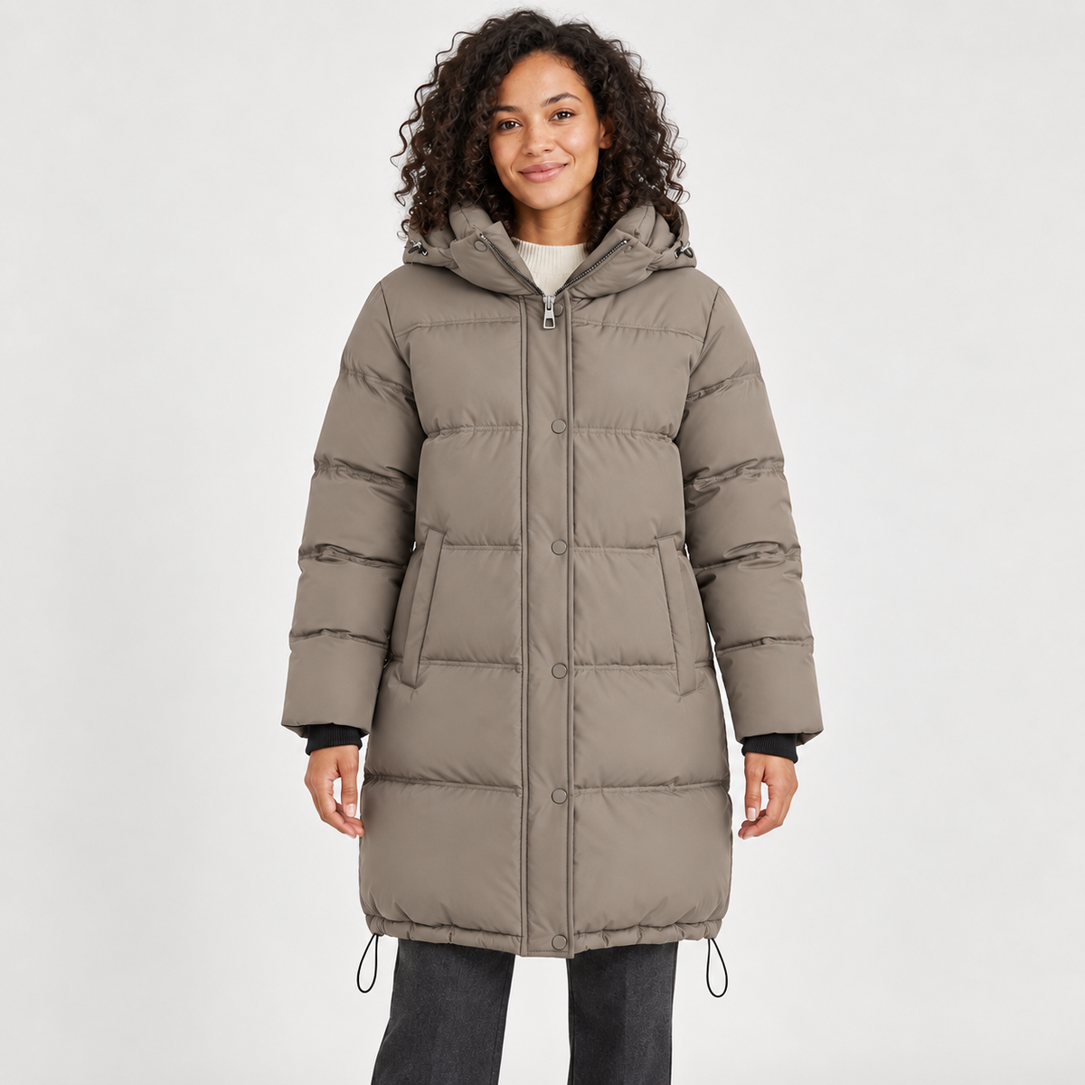 Women's Hooded Longline Puffer Coat in brown – front view