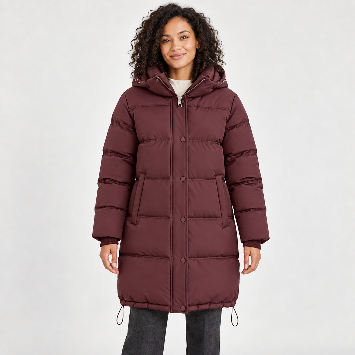 Women's Hooded Longline Puffer Coat in burgundy – front view