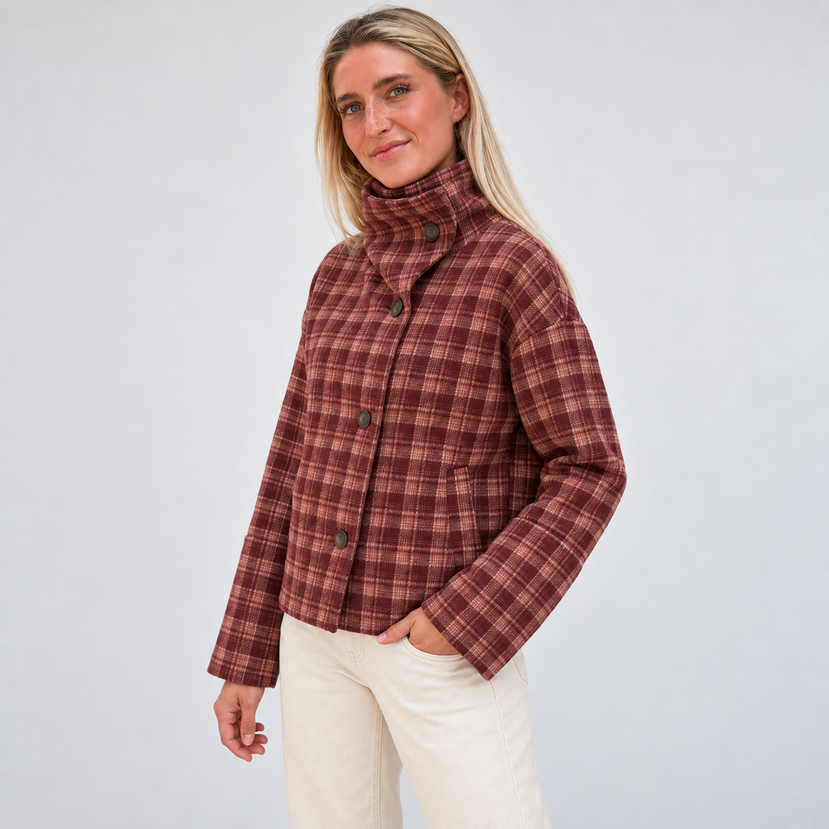 Women's Plaid Stand-Collar Jacket – angled view