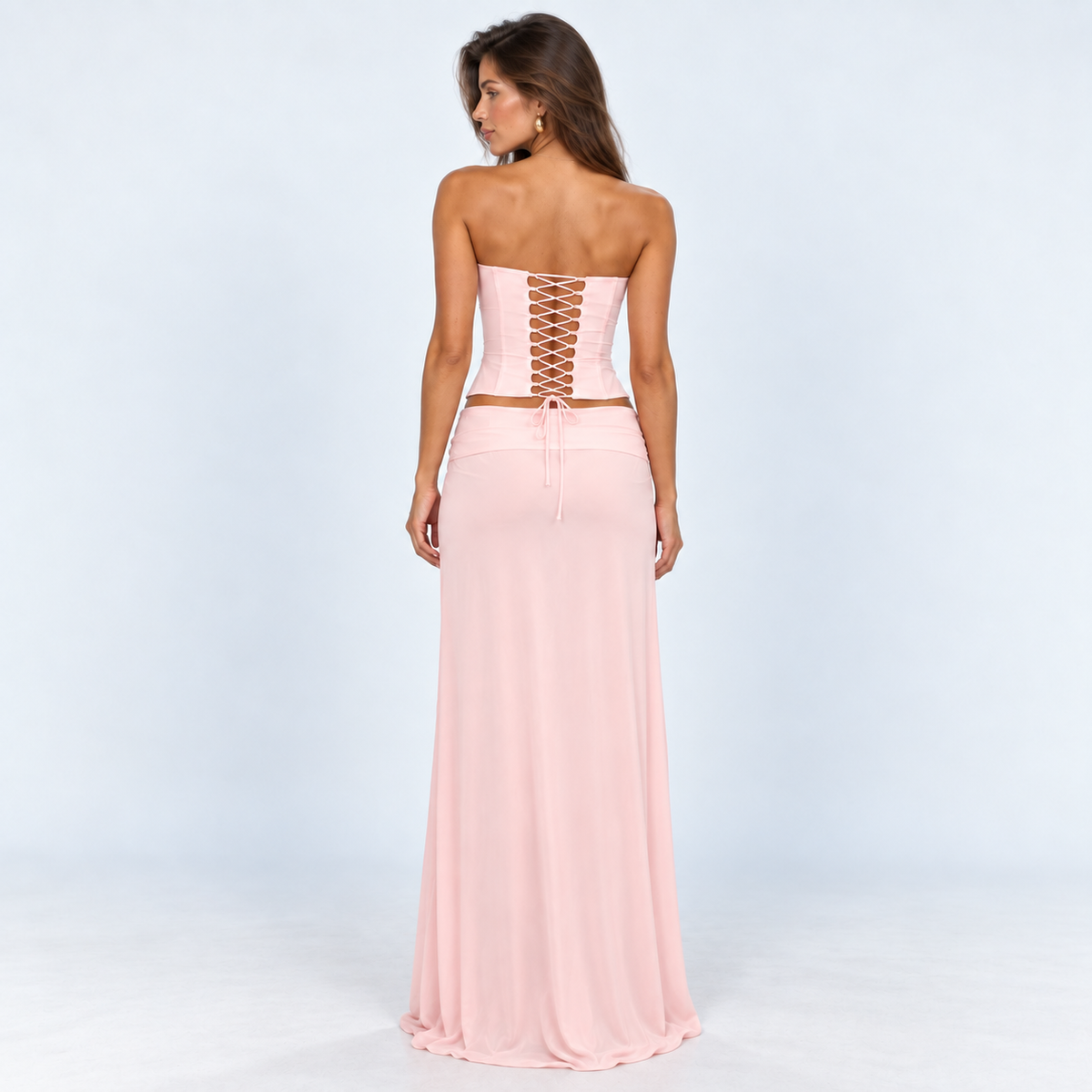 Women's Strapless Corset Top & Wrap Maxi Skirt Set — Pink — back studio view